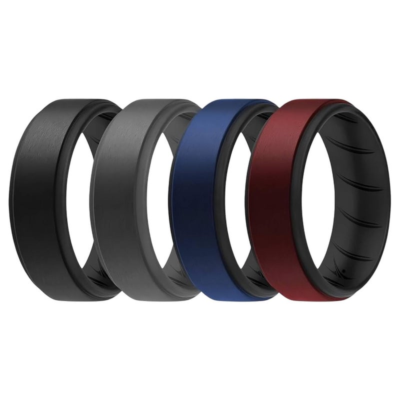 ROQ Silicone Rubber Wedding Ring for Men, Comfort Fit, Men's Wedding Band, Breathable Rubber Engagement Ring/Band, Step Edge, 8mm Wide 2mm Thick, 4 Pack, Black, Grey, Bordeaux, Dark Blue, Size 9 - Image 1